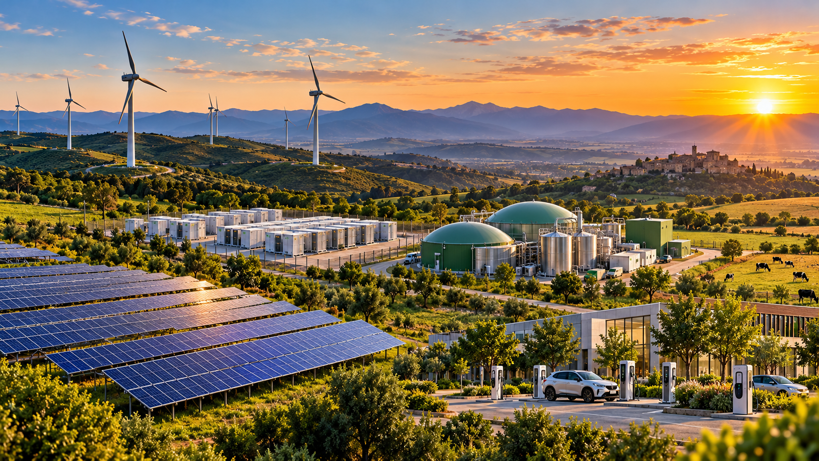 Paisaje de transición energética con instalaciones solares, aerogeneradores, almacenamiento, biometano y movilidad eléctrica